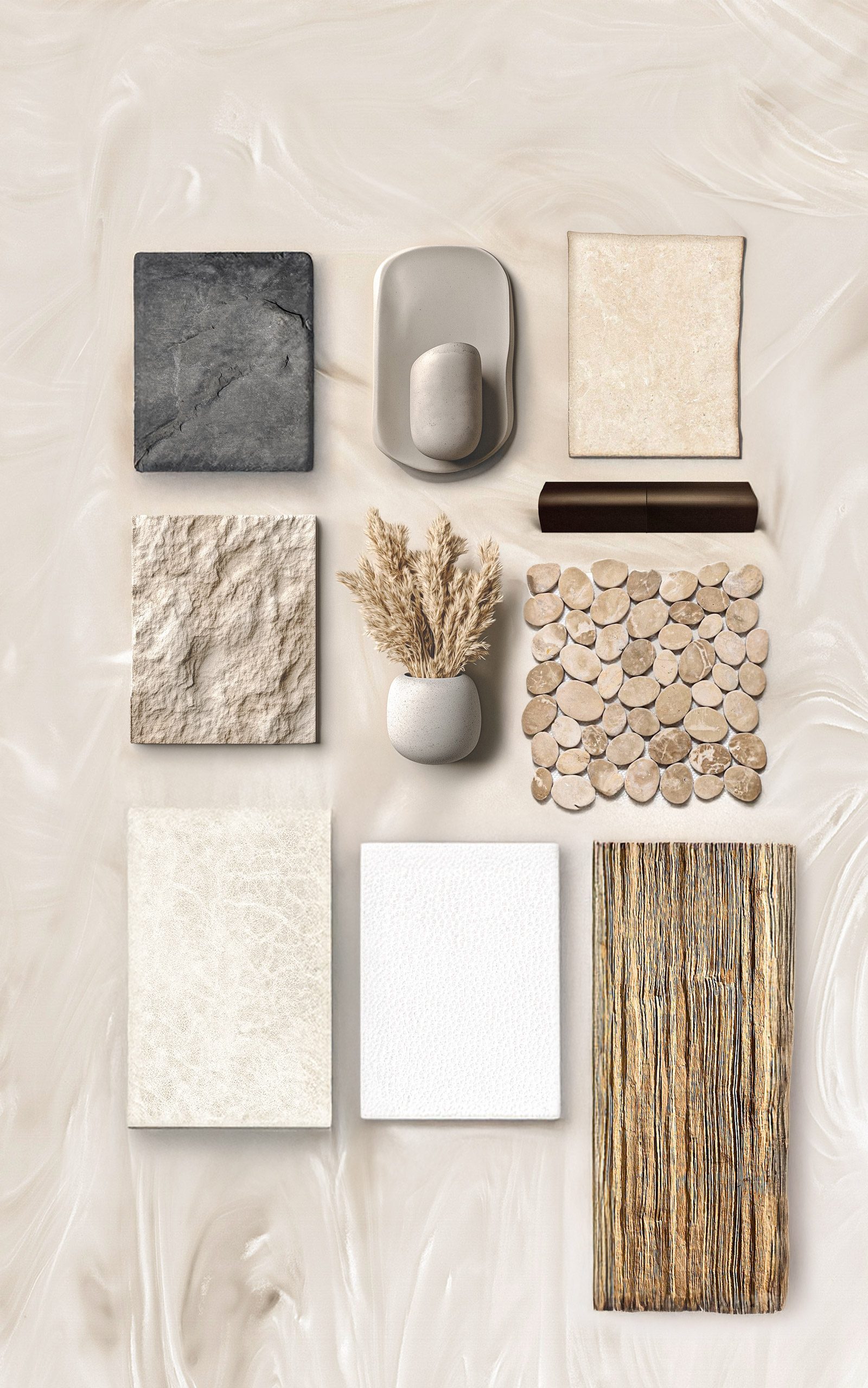 Material palette for the Ananya interior: stone, wood and textile samples
