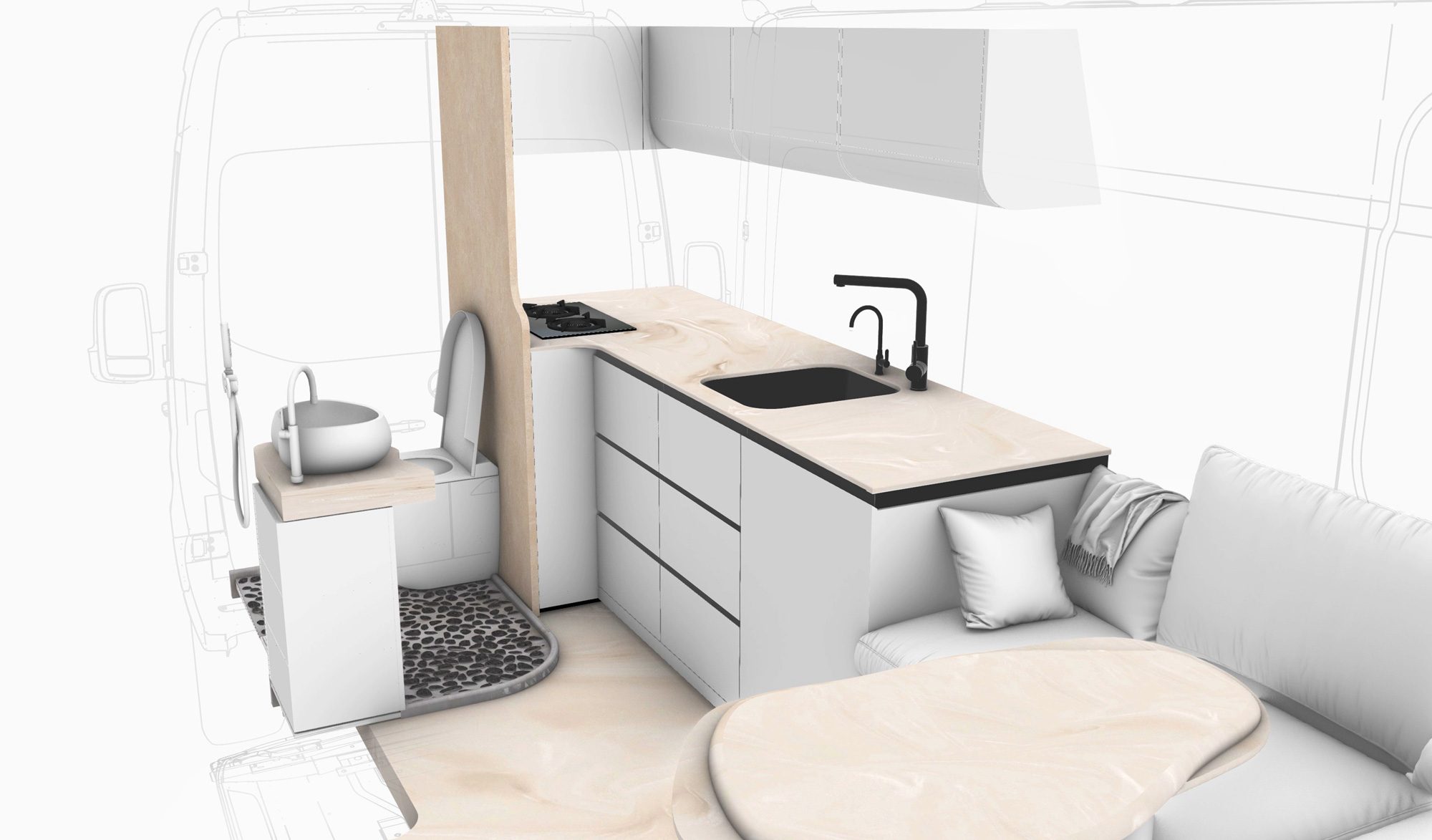 Design sketch of the Ananya galley kitchen, first study