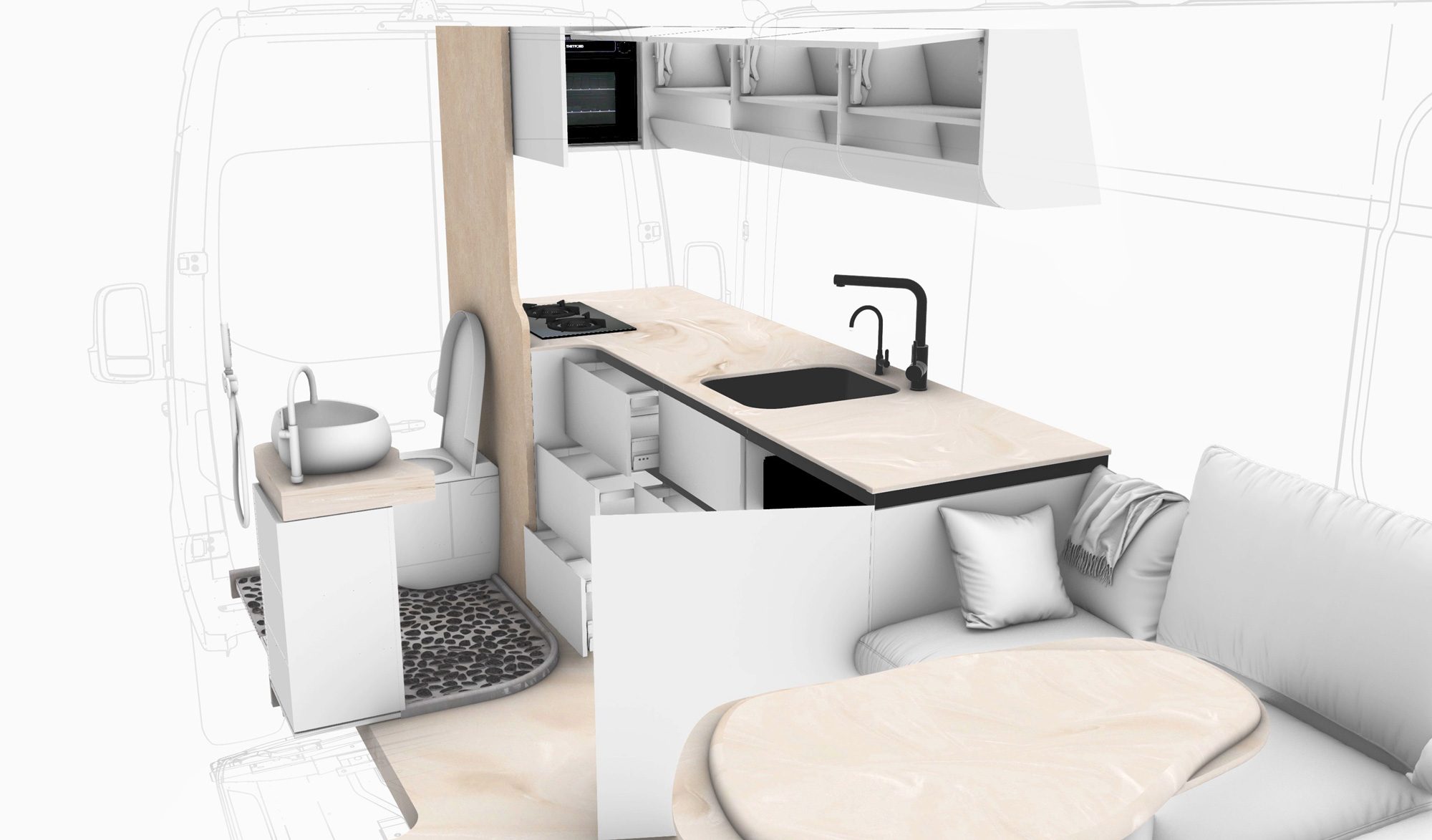 Design sketch of the Ananya galley kitchen, second study