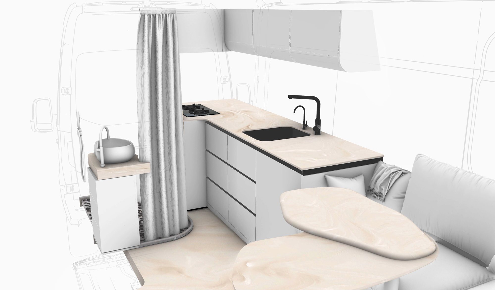 Design sketch of the Ananya galley kitchen, third study