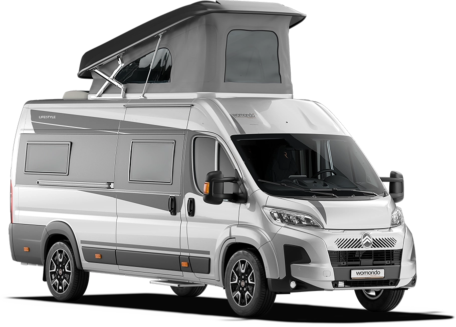 White and gray camper van with a raised pop-up roof and side windows.