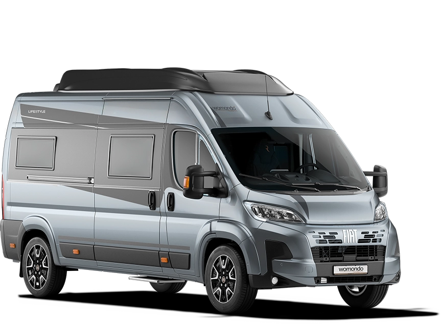 Silver Fiat camper van with black detailing and tinted windows, shown from the front-left angle.
