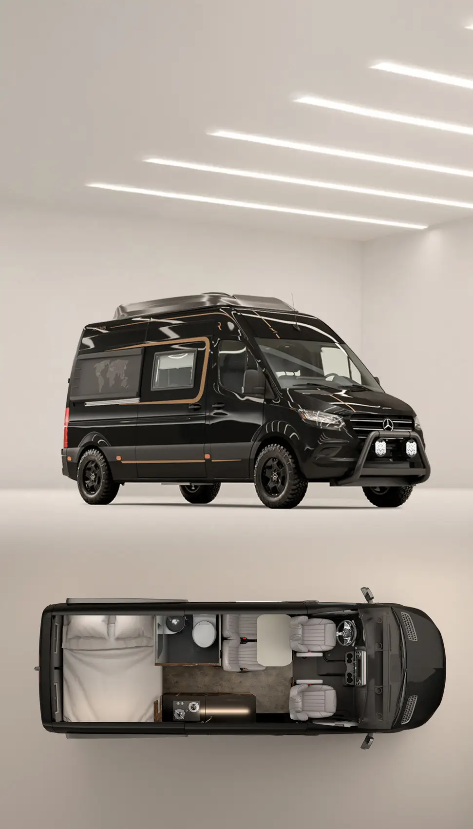 Black Mercedes camper van with gold trim shown from side and top views, featuring a bed, kitchenette, dining area, and bathroom inside.