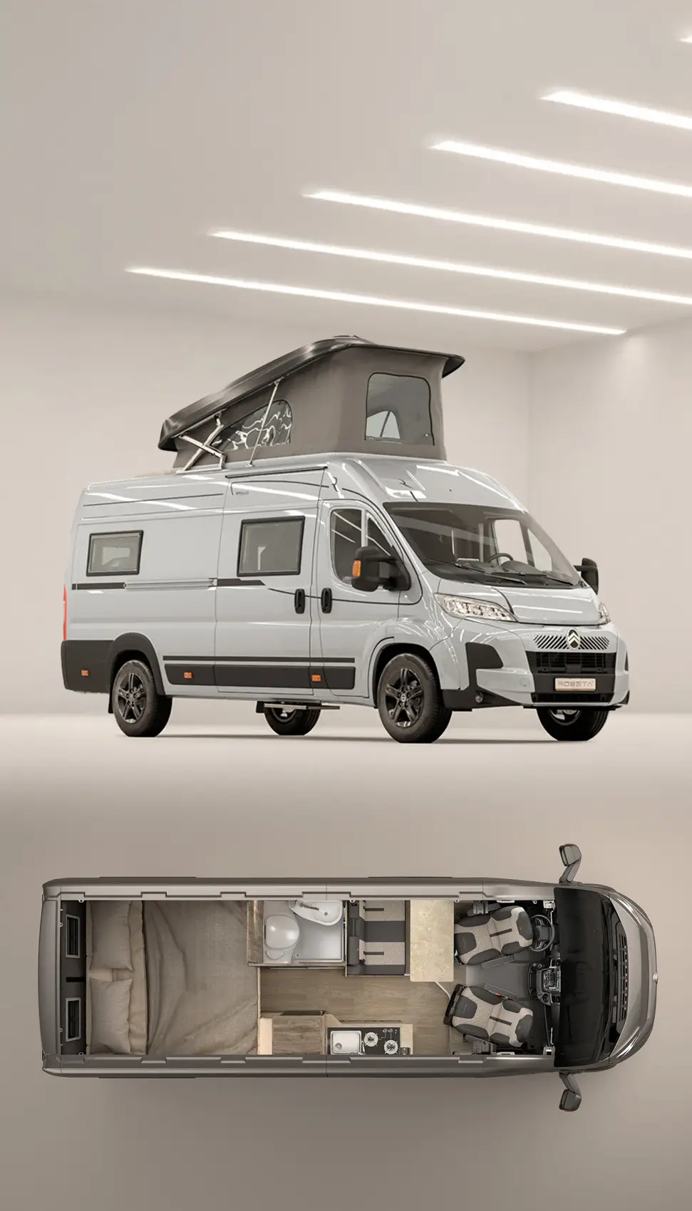 Silver camper van with pop-up roof in a studio setting and top-down interior layout showing bed, bathroom, kitchen, and driver seats.