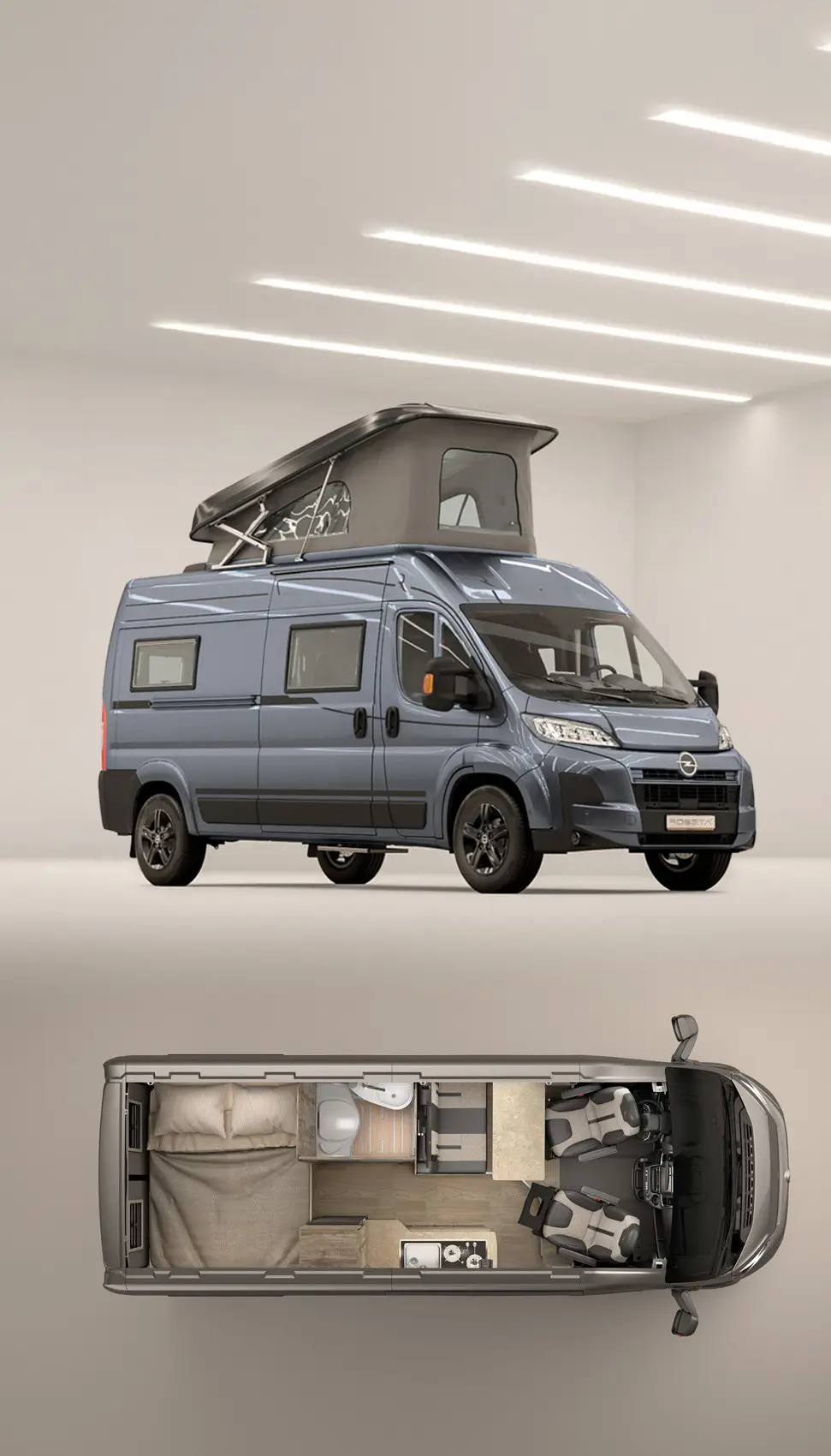 Blue camper van with pop-up roof in a white room, with a top-down view showing interior layout including bed, bathroom, kitchen, and seating area.