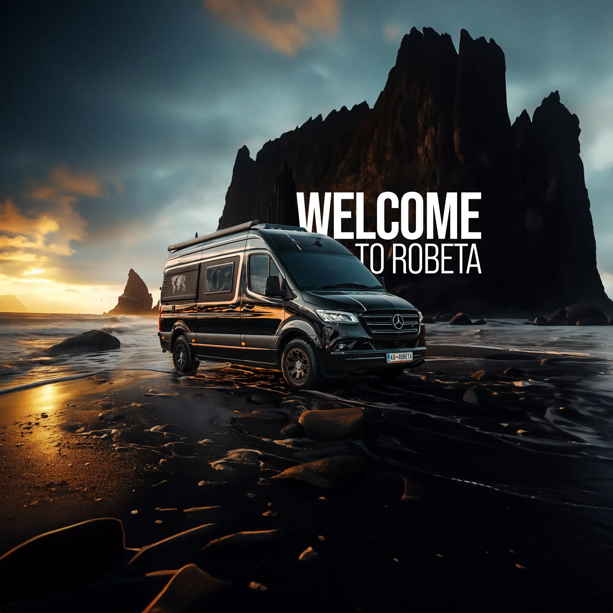 Black camper van parked on a dark rocky beach at sunset with large jagged cliffs in the background and text saying 'WELCOME TO ROBETA'.