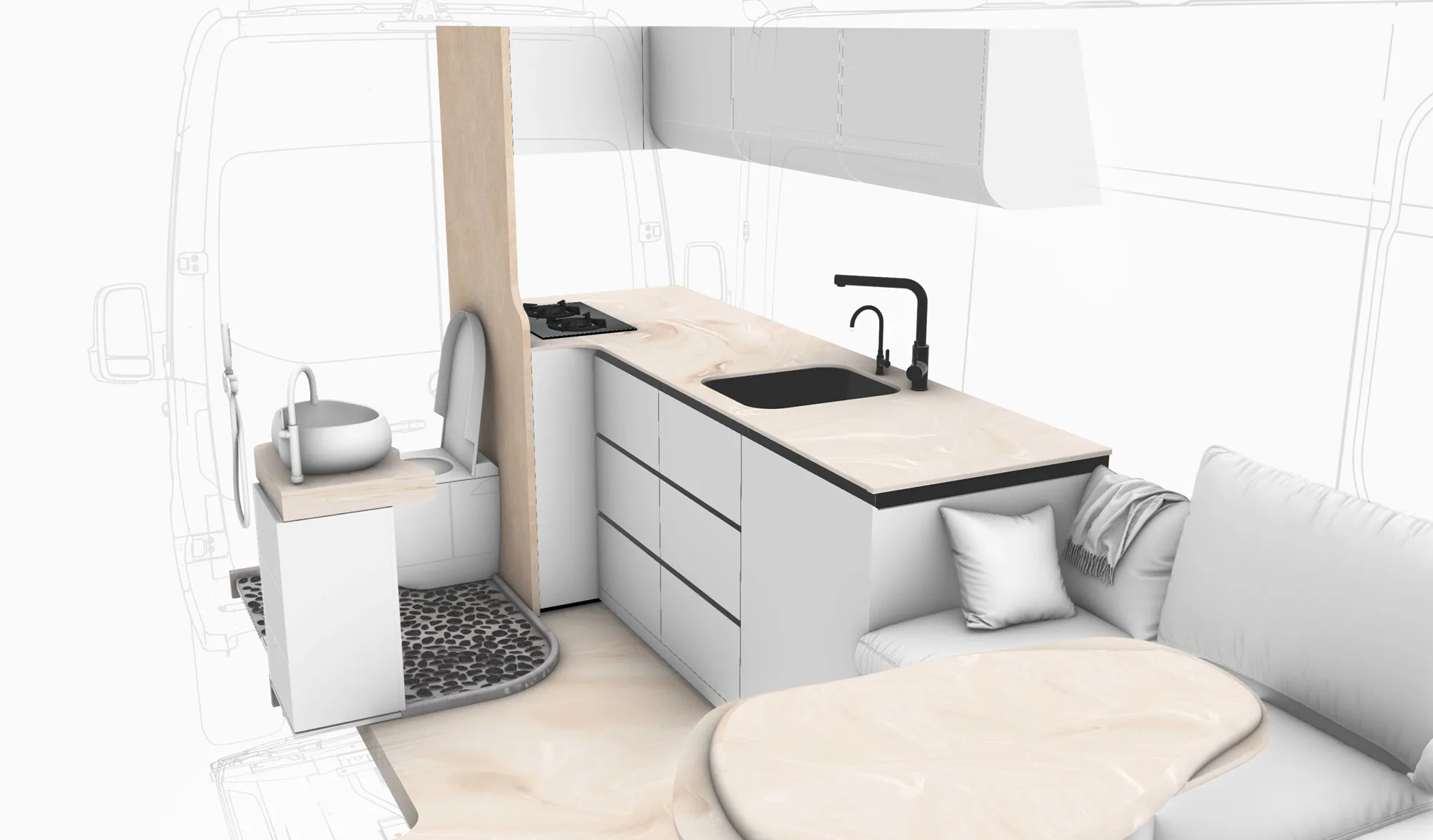 Ananya GlamperVan Küche mit Corian Sand Storm Arbeitsfläche