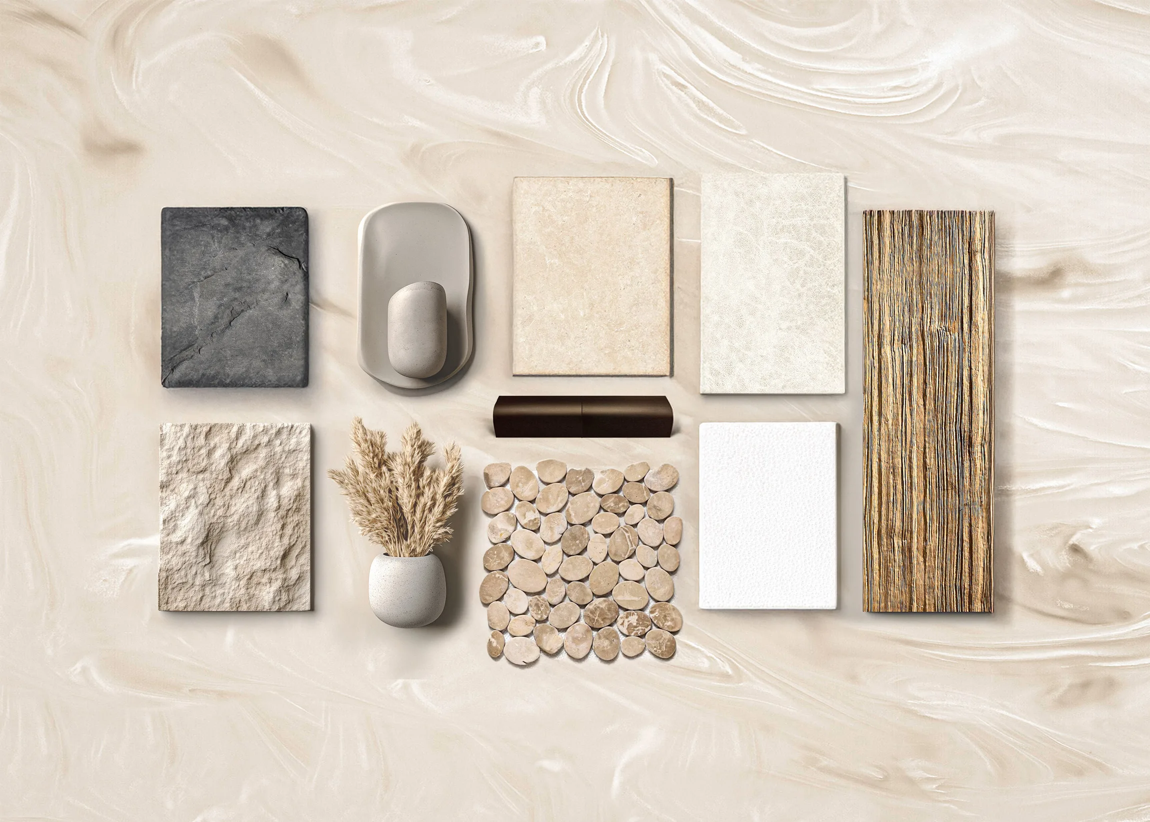 Ananya GlamperVan Materialpalette aus Stein, Holz und Corian