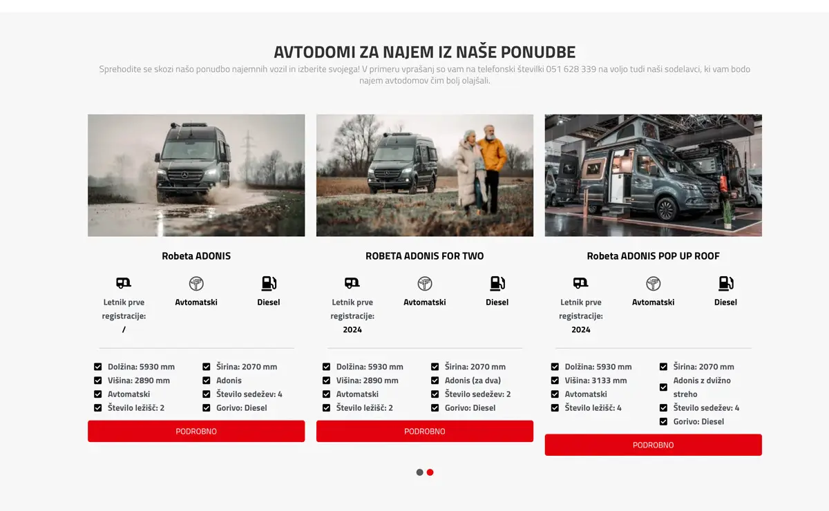Three Robeta ADONIS camper vans for rent with specifications and red detail buttons below each image.